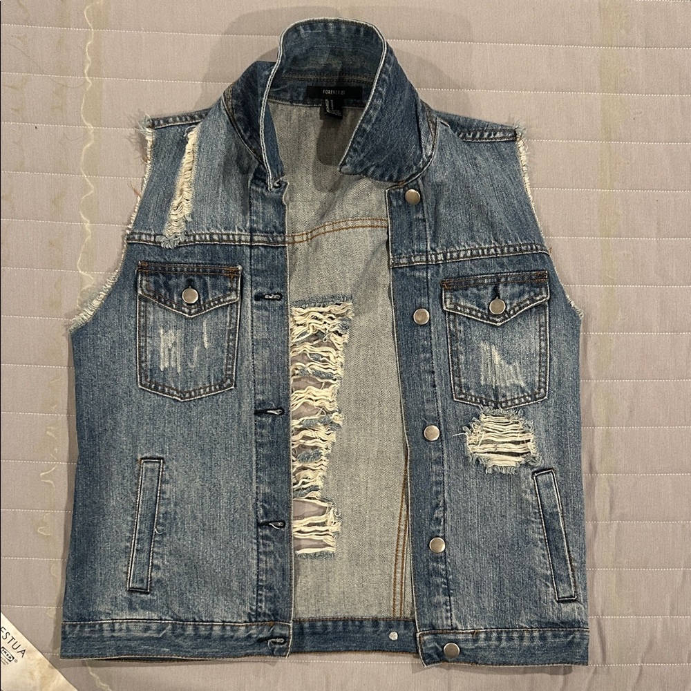 Forever 21 Distressed Blue Denim Vest